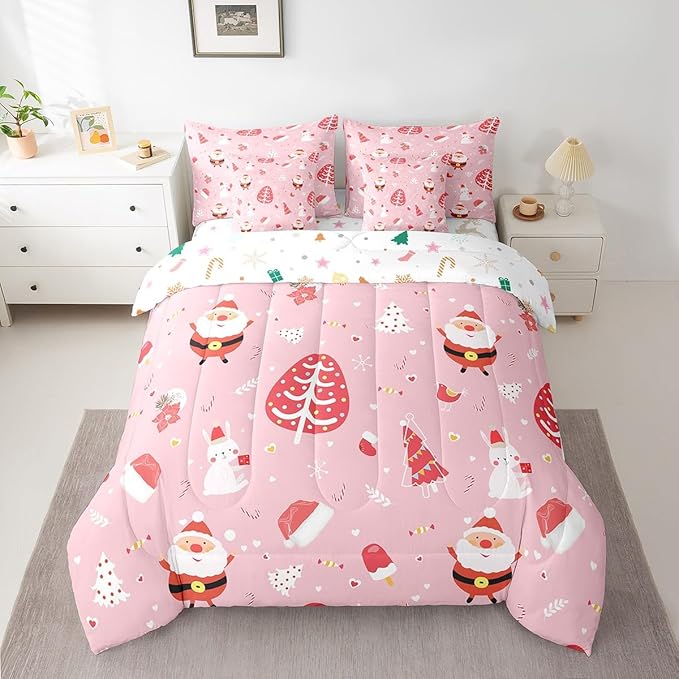 Feelyou Santa Claus Bed in a Bag Cute Rabbit Kawaii Pink Comforter Set with Sheets for Kids Boys Girls Decor Merry Christmas Bed Set Girly Pink Bedding Set Bedroom Collection Queen Size