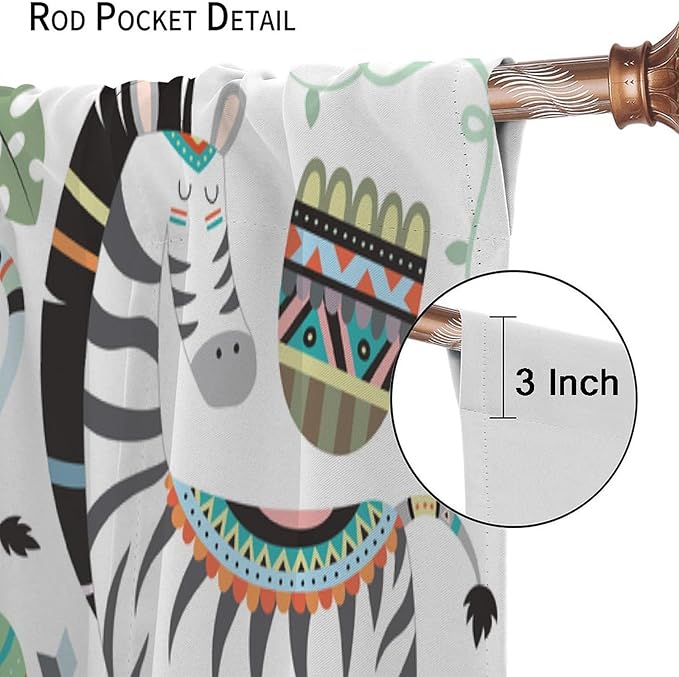 Jungle Tribal Animals Curtains, Southwest Aztec Cartoon Funny Zoo Animals Giraffe Lion Elephant Zebra Tiger Print Thermal Insulation Window Drapes for Kids Boys Girls Bedroom Living Room 42x54 Inch