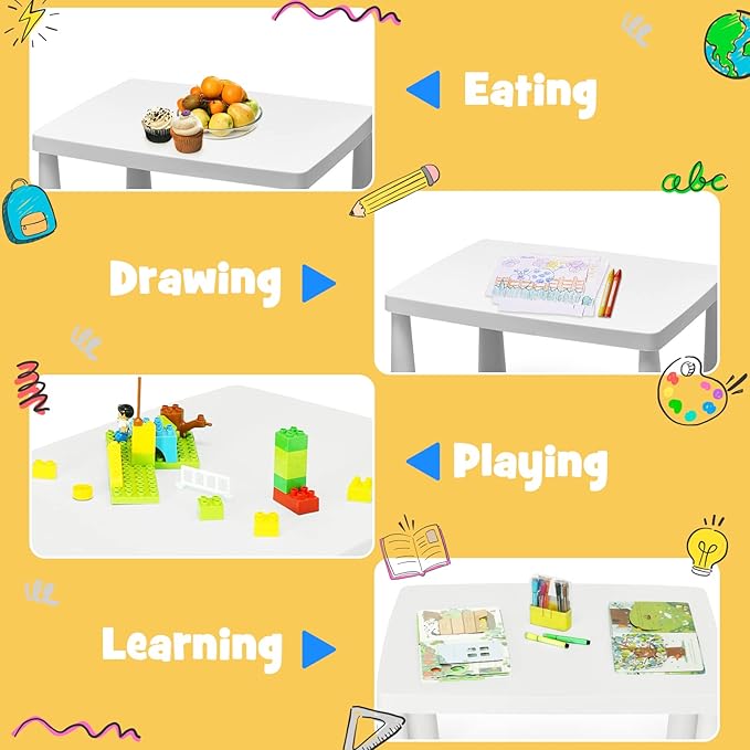 HONEY JOY Kids Table and Chair Set, Plastic Children Activity Table and 2 Chairs for Art Craft, Easy-Clean Tabletop, 3-Piece Toddler Furniture Set for Daycare Playroom, Gift for Boys Girls(White)