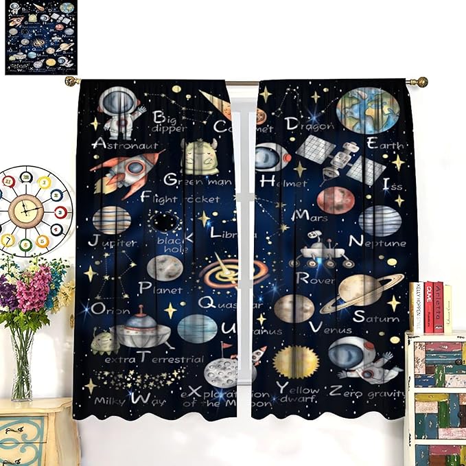 Cartoon Kids Alphabet Astronaut Curtain，Retro Cute Cosmic Galaxy Letter Printed Rod Pocket Blackout Window Treatments for Boys Girls Bedroom Living Room School 55" W X 63" L
