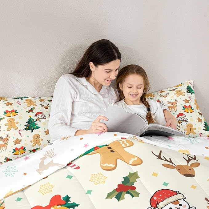 Feelyou Merry Christmas Kids Comforter Set Twin Size Gingerbread Man Bedding Set Cute Deer Duvet Quilt for Kids Boys Girls Bedroom Christmas Tree Decor Microfiber Ultra Soft Breathable
