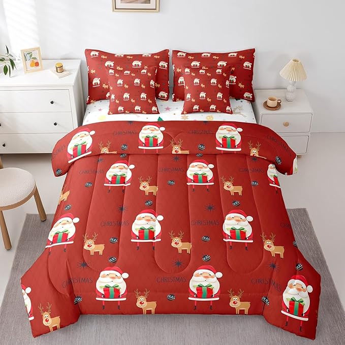 Santa Claus Bed Set Christmas Deer Bed in a Bag for Kids Boys Girls Winter Snowflake Comforter Set with Sheets Merry Christmas Khaki Red Bedding Set Bedroom Collection King Size