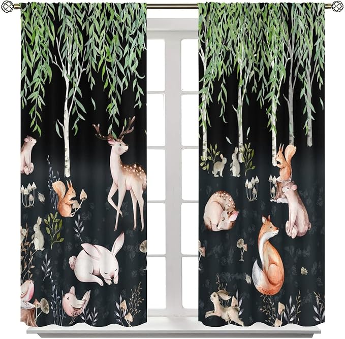 Forest Animal Curtains, Watercolor Cartoon Woodland Plants Animals Bears Moose Mushrooms Printed Curtains for Kids Boys and Girls Bedroom Window Drapes 52x84in, Style-9