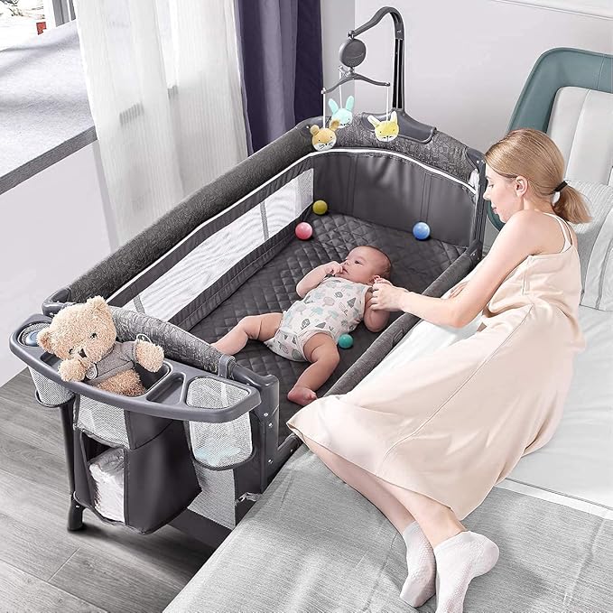 ADOVEL Baby Bassinet Bedside Crib, Pack and Play with Mattress, Diaper Changer and Playards from Newborn to Toddles, Grey