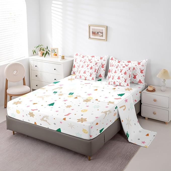 Merry Christmas Bed in a Bag for Boys Girls Deer Silhouette Antler Cute Wildlife Bed Set Xmas Tree Snowflake Comforter Set with Sheets Pink Bedding Set Bedroom Collection Full Size