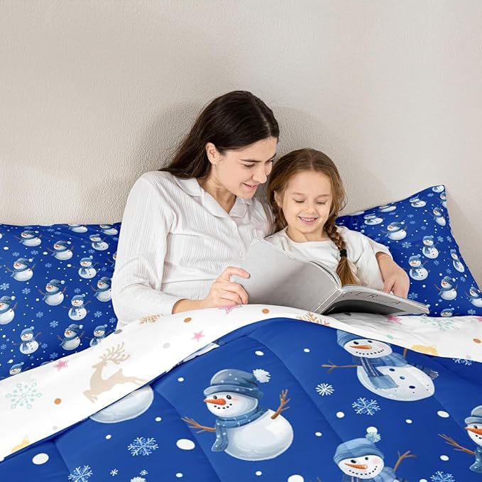 jejeloiu Kids Cute Winter Snowman Comforter Set King Size Blue Christmas Theme Bedding Set for Boys Girls Teens Xmas Snowflake Happy New Year Duvet Quilt Room Decor