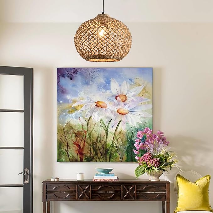Rattan Pendant Light Fixture,13.77" Hand-Woven Water Plants Rattan Chandelier Boho Wicker Coastal Retro Ceiling Chandelier Lighting, Kitchen Island Farmhouse Dining Room Entryway Foyer1-Light