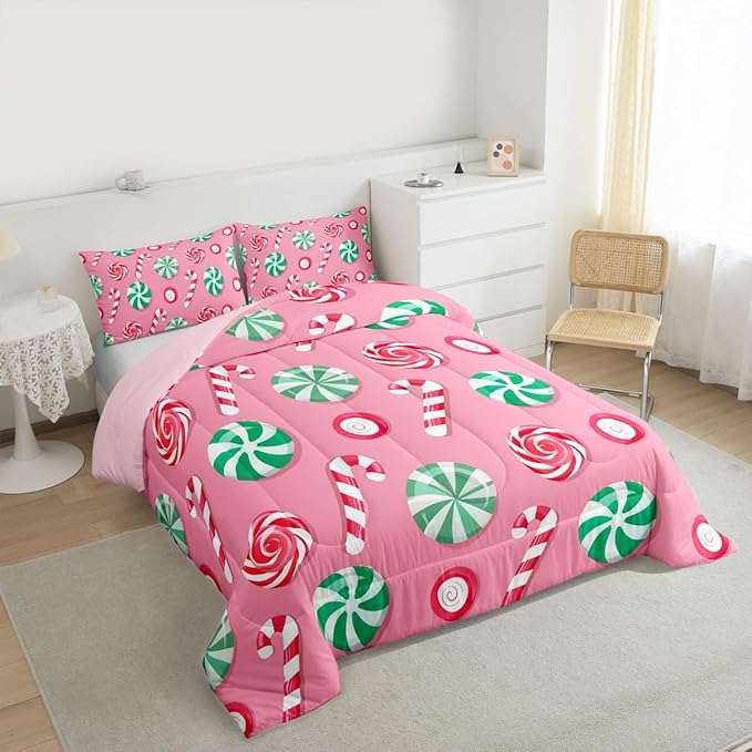 Feelyou Christmas Comforter Set Full Size Candy Bedding Set for Kids Boys Girls Xmas Theme Duvet Quilt Bedroom Decor Microfiber 3 Pcs with 2 Pillow Cases