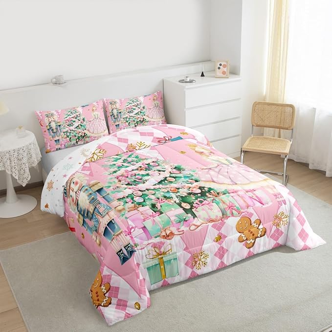 jejeloiu Christmas Nutcracker Comforter Set Full Size Gingerbread Man Bedding Set for Kids Boys Girls Xmas Tree Duvet Quilt Pink Bedroom Decor