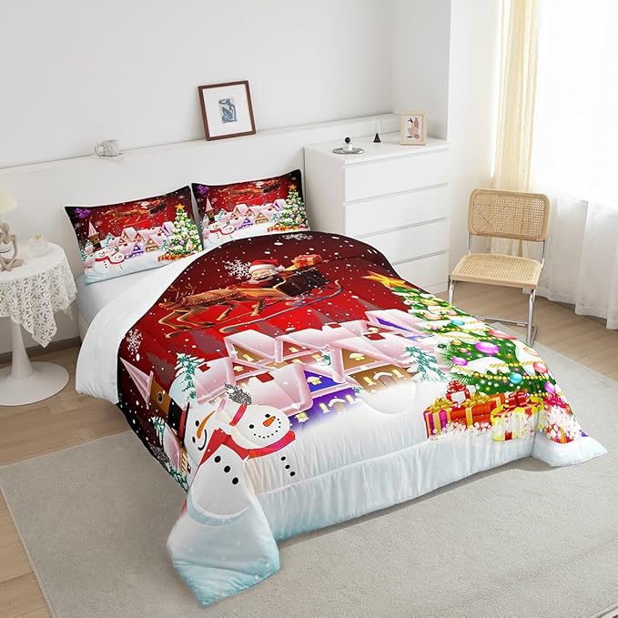 Manfei Christmas Comforter Set Twin Size, Snowman Xmas Tree Bedding Set 2pcs for Kids Boys Girls Room Decor, Santa Claus with Reindeer Quilt Set New Year Theme Duvet Set with 1 Pillowcase