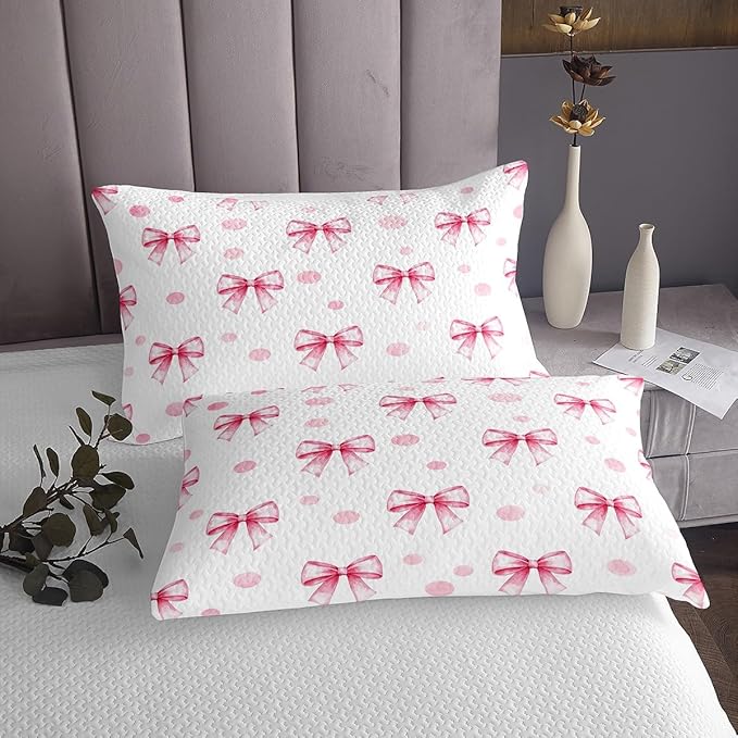 Pink Bow Princess Bedspread Queen Size,Bowknot Geometric Dots Toddler Coverlet Set,Girls Women Room Decor,Butterfly Knot Bow Tie Romantic Quilted Coverlet,White Simple Bedding Quilt,2 Pillowcases