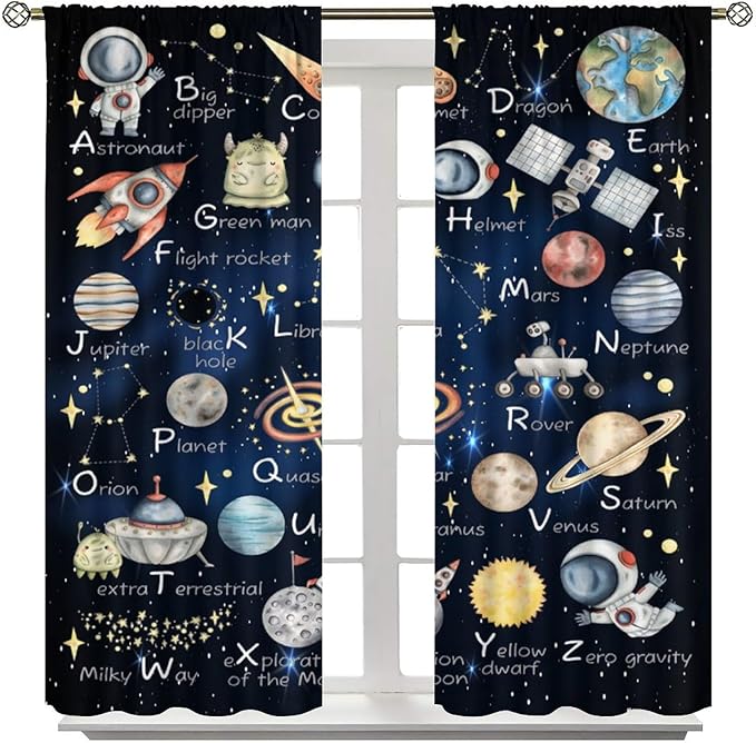 Cartoon Kids Alphabet Astronaut Curtain，Retro Cute Cosmic Galaxy Letter Printed Rod Pocket Blackout Window Treatments for Boys Girls Bedroom Living Room School 63" W X 72" L