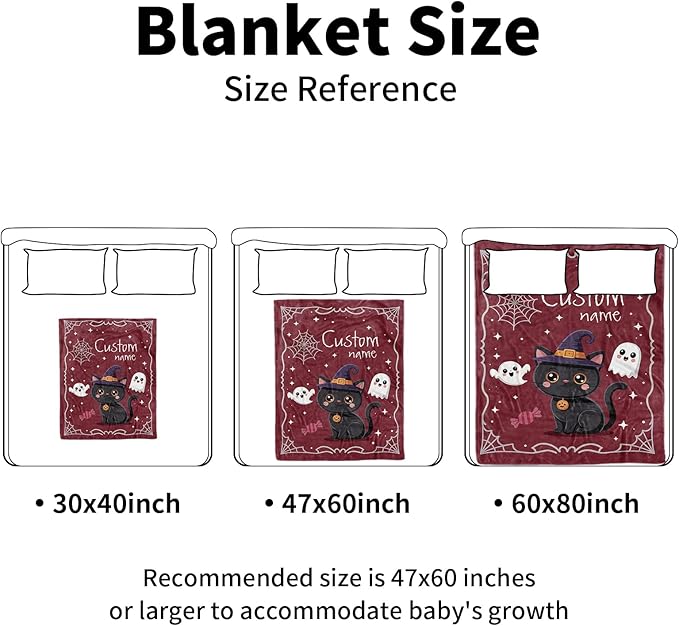 Personalized Halloween Blanket for Girls, Custom Baby Blanket with Name, Cute Cat Theme Soft Minky Dot Blanket, Halloween Decor Christmas Birthday Gifts for Kids Toddlers