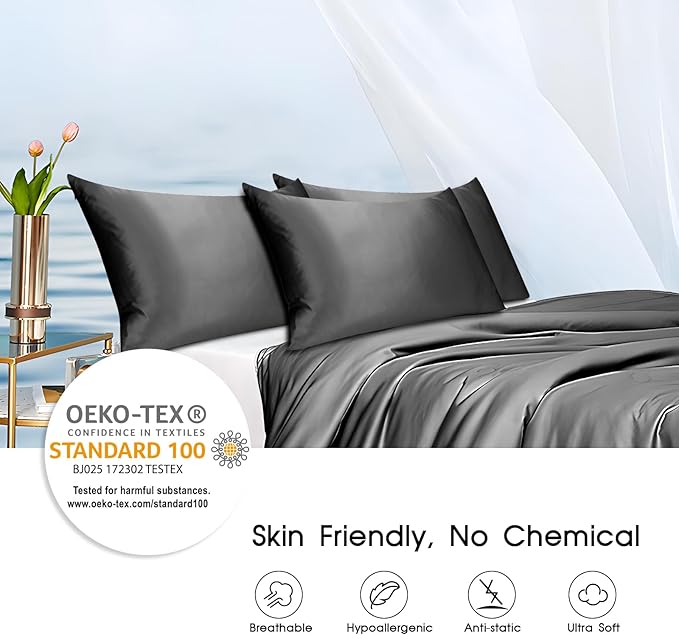 100% Mulberry Silk Pillowcase for Hair and Skin,Both Sides Natural Silk Bed Pillow Case with Hidden Zipper,19 Momme Grade 6A,1pc,Charcoal,Standard Size 20x26 Inches