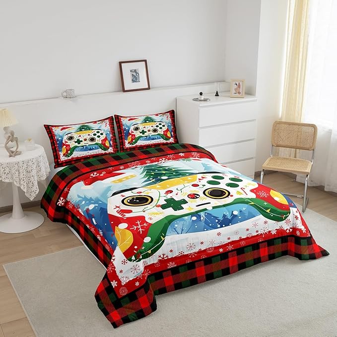 Gamer Gaming Bedding Set Full Size,Christmas Tree Snowflake Comforter Set for Kids Boys Girls Room Decor,Video Games Christmas Theme Duvet Insert 3Pcs,Red Green Plaid Xmas Quilt Set,2 Pillowcases
