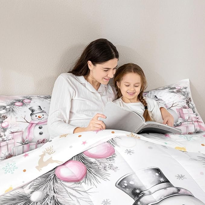 Feelyou Merry Christmas Comforter Set All Season Cute Snowman Bedding Set with 2 Pillow Cases Microfiber Kids Queen Bedclothes Snowflake Bedroom Decor Duvet Quilt Breathable Soft