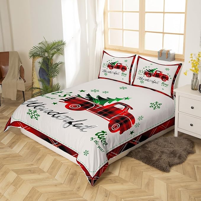Manfei Xmas Truck Duvet Cover Set Full Size, Christmas Tree Snowflake Print Bedding Set 3pcs for Kids Boys Girls Bedroom Decor, Red Plaid Print Comforter Cover with 2 Pillowcases,No Comforter