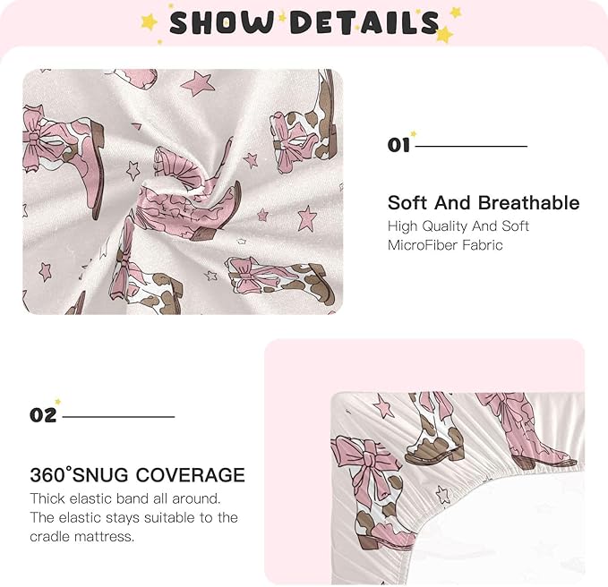 Crib Sheets for Boys Girl Coquette Bows Neutral Mini Crib Mattress Sheets Fitted, Cowgirl Boots Toddler Baby Sheets for Crib Mattress Soft & Breathable 39 * 27 * 5In