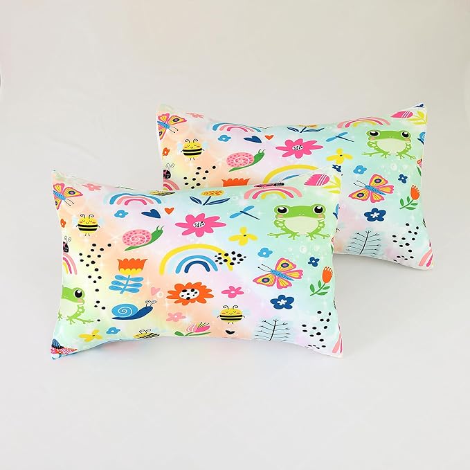 Rainbow Comforter Set Queen Size Cartoon Frogs Bedding Sets for Girls Kids Women Boys Flowers Butterfly Bees Snails Insects Cute Kawaii Quilt 1 Comforter + 2 Pillow Cases