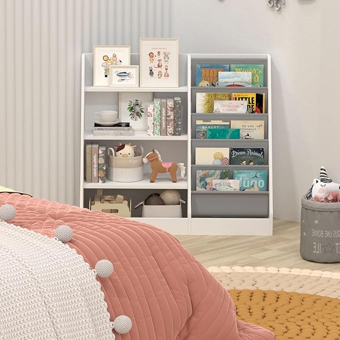 NACHES Montessori Kids Bookshelf Fabric Sling Pockets & Open Shelves – Front Facing Toddler Book Display and Toy Storage Organizer for Nursery Playroom or Bedroom 35" Wide (White, Middle)