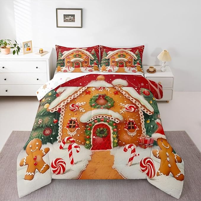 jejeloiu Kids Christmas Theme Comforter Set Toddler Xmas Tree Gingerbread Man Bedding Set for Boys Girls Teens Candy Cane House Winter Happy New Year Duvet Quilt Room Decor