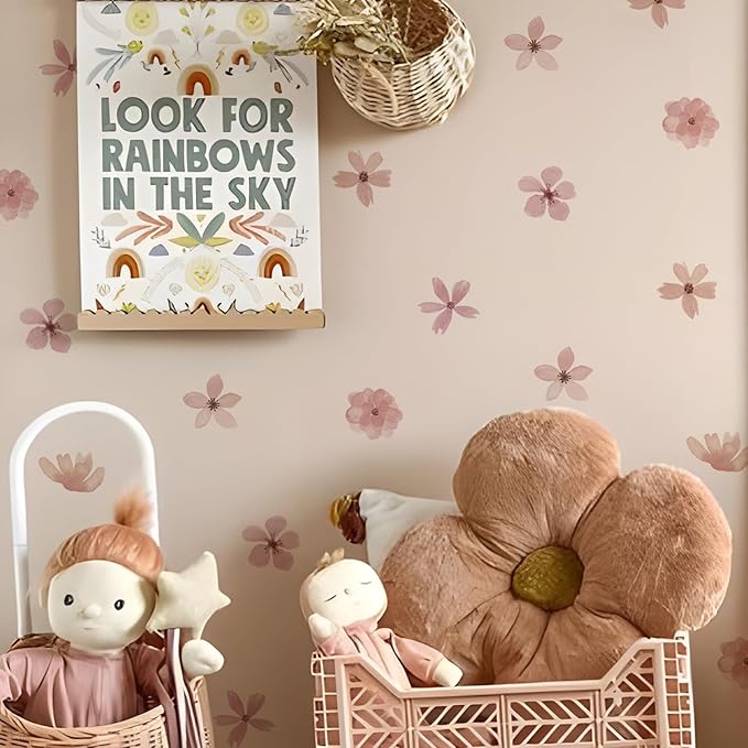 YouRfocus Daisy Wall Decals | 36 PCS Boho Flower Stickers for Girls' Rooms, Playrooms, and Nurseries | Dual Layer Print for High Coverage | Removable Peel and Stick Wall Decor (Pink-A) | 6 Sheets
