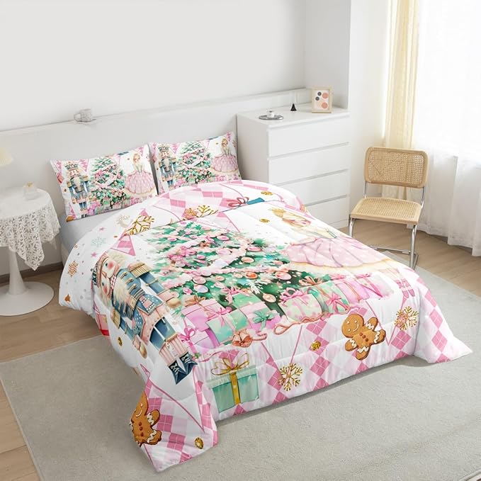 jejeloiu Christmas Nutcracker Comforter Set Toddler Size Gingerbread Man Bedding Set for Kids Boys Girls Xmas Tree Duvet Quilt White Pink Bedroom Decor