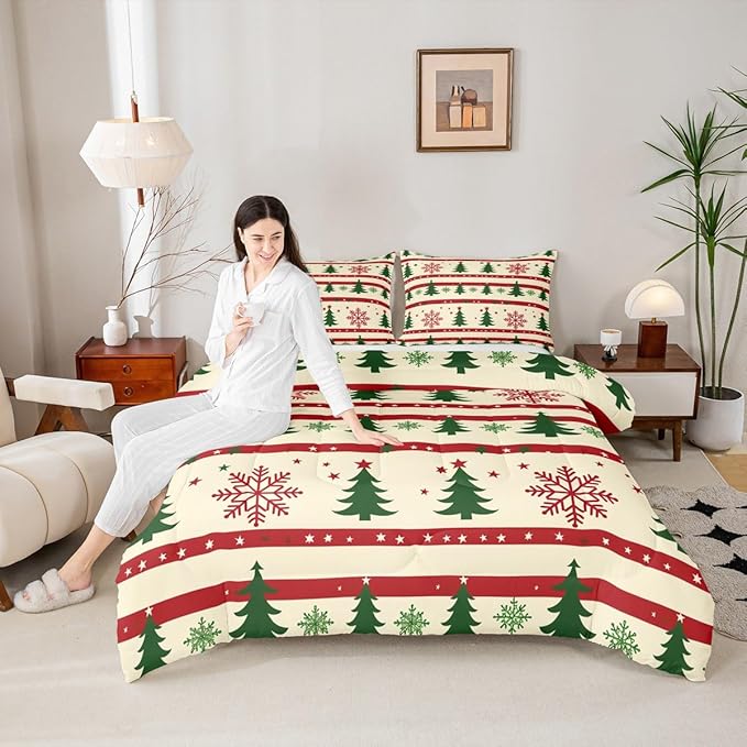 Feelyou Christmas Bedding Set Soft for Boys Girls, Xmas Tree Comforter Set Queen Size Snowflake Star Duvet Quilt Microfiber New Year Theme Bedroom Decor 3 Pcs with 2 Pillow Cases