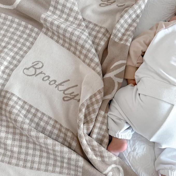 Personalized Signature Gingham Blanket – 100% Organic Cotton Customized Baby Blanket, Custom Name, Crib 36x60, Gift for Baby Shower, Birthday Present, Girls and Boys, Toddlers Kids, Made In America