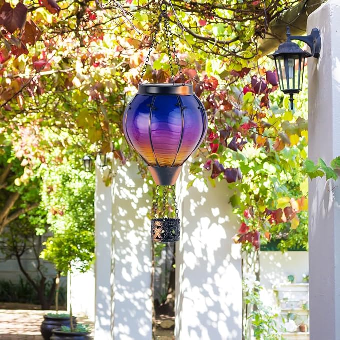 Starsoul 2 PC Starsoul 2 PC Glass Solar Hot Air Balloon Flickering Flame Hanging Garden Light Purple Waterproof Hot Air Balloon Solar Lantern with Large Basket