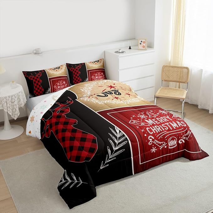 Deer Antler Kids Christmas Comforter Set Full Size,Elk Plam Leaves Bedding,Girls Boys Adults Bedroom/Xmas Cabin Decor,Plank Lattice Vintage Down Comforter,Rustic Farmhouse Duvet Insert,2 Pillowcases