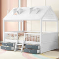 Merax Full Size Wood House Bed Frame with Full-Length Fence and 4 Storage Drawers, Funny Playhouse Tent Bed with Roof and 2-Step Ladder for Children Boys Girls Bedroom, No Box Spring Needed, White