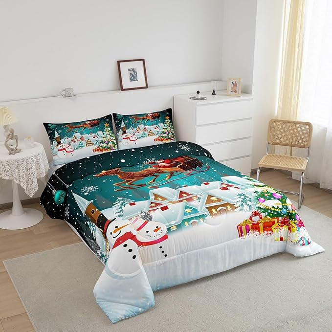Manfei Christmas Comforter Set King Size, Xmas Tree Snowman Bedding Set 3pcs for Kids Boys Girls Room Decor, Santa Claus with Reindeer Quilt Set New Year Theme Duvet Set with 2 Pillowcases