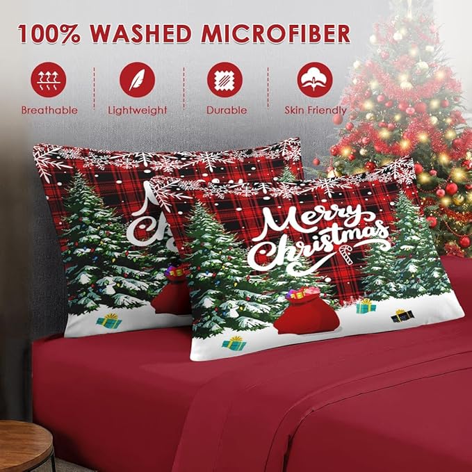 7 Pcs Queen Size Christmas Comforter Set with 2 Pillowcases & 2 Shams, Green Cartoon Trees Bedding for Kids and Adults, Black Red Plaid Bed in a Bag with Flat Fitted Sheet