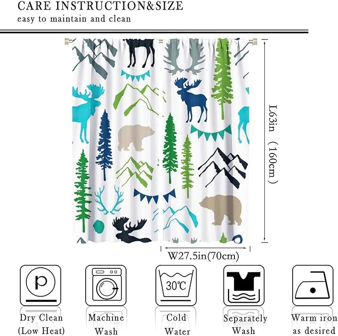 Forest Woodland Curtains, Wild Nature Bear Moose Deer Pine Trees Mountain Cabin Lodge Blackout Rod Pocket Windows Door Curtain for Bedroom Living Room Home Decor 55x63in