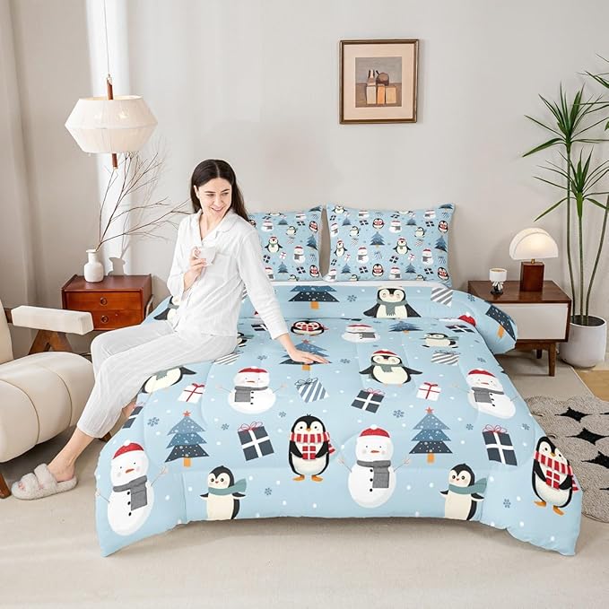 Feelyou Merry Christmas Bedding Set Soft for Boys Girls, Penguin Comforter Set Toddler Size Xmas Tree Snowman Duvet Quilt Microfiber Gift Snowflake Bedroom Decor 2 Pcs with 1 Pillow Cases