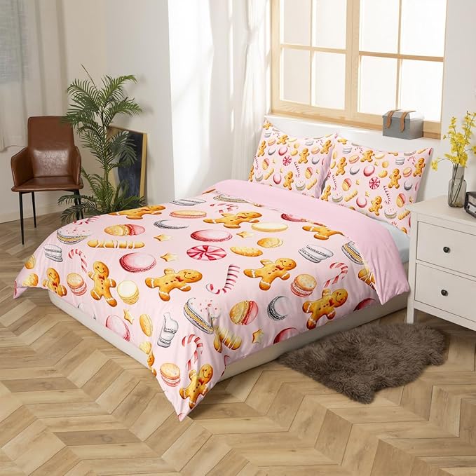 Feelyou Christmas Duvet Cover Toddler Size Cute Christmas Gingerbread Man Comforter Cover for Boys Girls Xmas Sweet Macarons Bedding Set 2Pcs Reversible Pink Room Decor