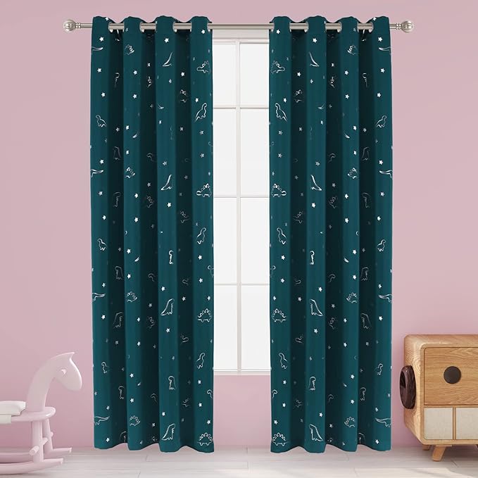 LORDTEX Dinosaur and Star Foil Print Blackout Curtains for Kids Room - Thermal Insulated Curtains Noise Reducing Window Drapes for Boys and Girls Bedroom, 52 x 84 Inch, Sapphire, Set of 2 Panels