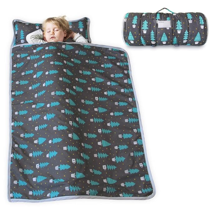 Biloban Toddler Nap Mat with Pillow and Blanket, Cot Nap Mats for Daycare Preschool, Portable Travel Sleeping Bag for Kids, Warm & Skin-Friendly, Dark Woods, 50" x 21"