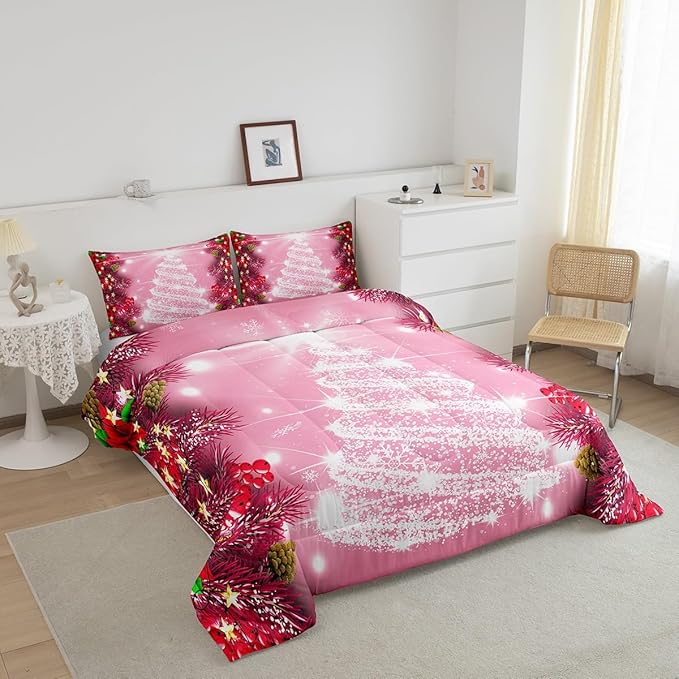 Feelyou Kids Merry Christmas Decorations Comforter Set, Kids Santa Tree Bedding Set Queen Size for Boys Girls Teens Xmas Christmas Bell Decor Comforter Glitter Pink Quilt Set
