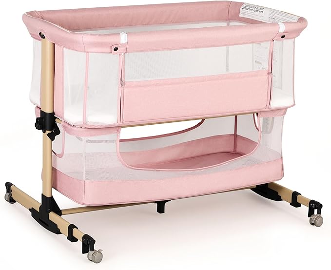 Baby Bassinet Bedside Sleeper, 3-in-1 Bedside Bassinet, 5 Height Adjustable Rocking Baby Crib, Breathable Full Mesh, Mosquito Net, Storage Basket, Stable and Secure Bassinets for Newborn Infant