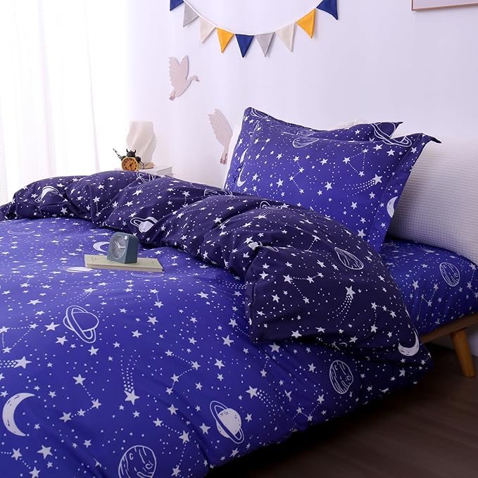 JSD Blue Stars Kids Duvet Cover Set Full Size, 3 Piece Boys Space Theme Microfiber Comforter Cover with Pillow Shams Zipper Closure, Comforter Not Included