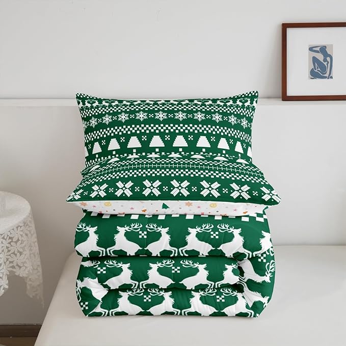 Feelyou Christmas Bedding Set for Kids Boys Girls Twin Size Xmas Deer Elk Decor Comforter Set Ultra Soft Xmas Snowflake Comforter Winter Duvet Quilt Bedroom Decor Christmas Decor Quilt