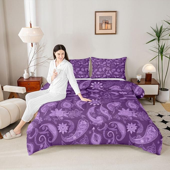 Feelyou Vintage Purple Floral Bedding Set King Size, Paisley Floral Comforter Set Boho Floral Comforter for Kids Toddler Paisley Duvet Set Microfiber Bed Set