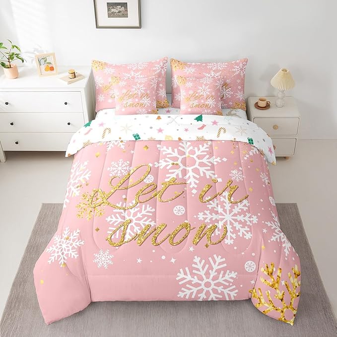 Feelyou Christmas Bed Set Snowflakes Bed in a Bag for Kids Girls Boys Pink Bedding Set King Size Glitter Star Comforter Set with Sheets Lightweight Room Decor