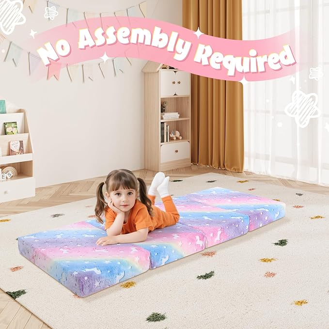 MeMoreCool Foldable Floor Mattress for Kids, Glow Toddler Nap Mat for Sleeping and Daycare, Portable Trifold Futon Mattress Floor Bed, Rainbow Unicorn
