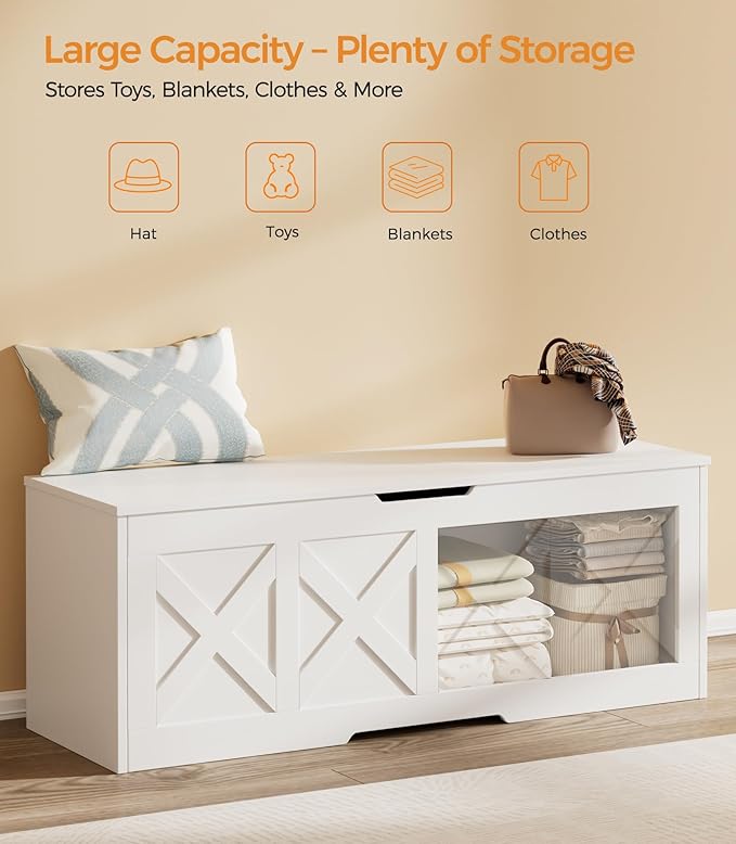 47.2" Extra-Large Wooden Storage Chest – Farmhouse Toy Box, Entryway Bench, Bedroom Storage, Safety Hinge, Easy Assembly, White