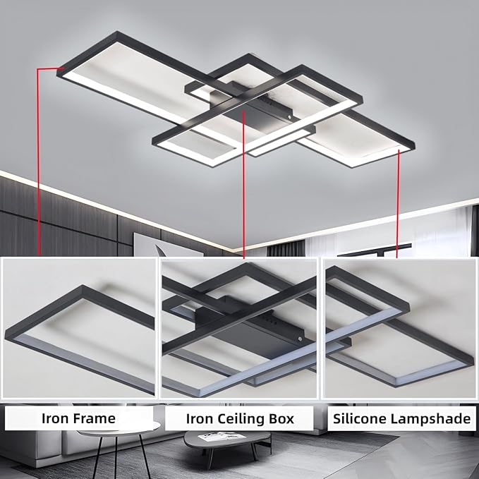 Flush Mount Modern LED Ceiling Light Fixture, With Remote Control Dimmable 3 Color Selectable Ceiling Lamp for Sitting Room, Kitchen, Bedroom, Hallway, Porch (Black, 55.1*31.5*2.5 IN)