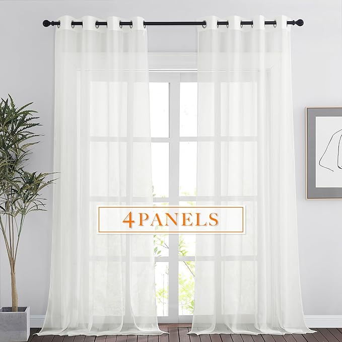 RYB HOME Voile Curtains for Living Room, Breathable Airy Lightweight Grommet Window Panels, Light Filtering Curtains for Living Room, Kids' Room, Ivory, 54" W x 96" L, Set of 4 Panels