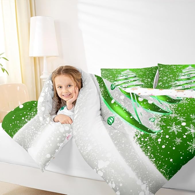 Feelyou Merry Christmas Comforter Set All Season Christmas Tree Bedding Set with 1 Pillow Cases Snowflake Microfiber Kids Toddler Bedclothes Winter Bedroom Decor Duvet Quilt Breathable Soft